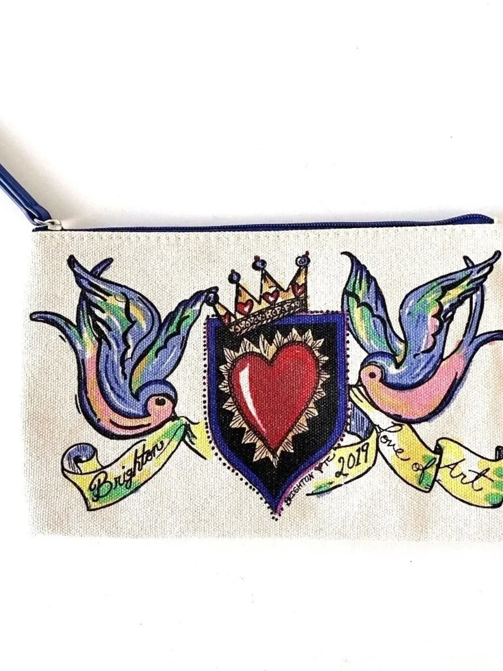 Bright Makeup Bag 2019 Love of Art w/ Birds, Heart & Crown Blue Perfect Cond